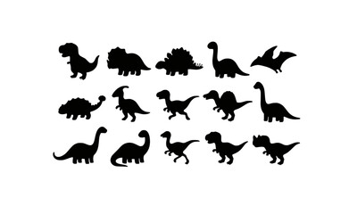 Set of black dinosaur silhouettes including various prehistoric animals and reptile shapes © MD