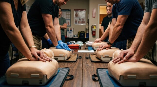 People practicing CPR on medical mannequins during training class.