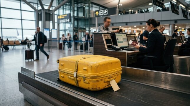 Yellow suitcase on baggage conveyor belt in airport terminal.