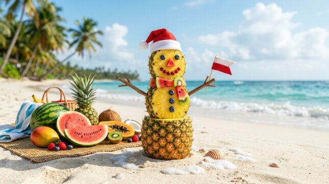 Creative snowman made of pineapples on a tropical beach.