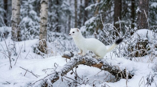 White ermine stoat on snow covered branch in forest.