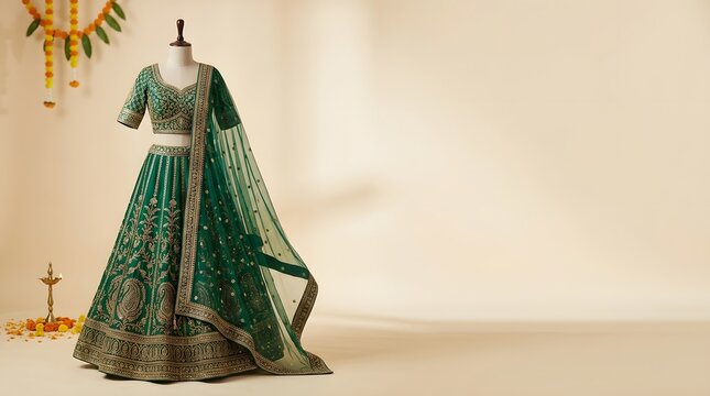 Traditional emerald green lehenga choli with gold zari work and sheer dupatta, displayed on a mannequin