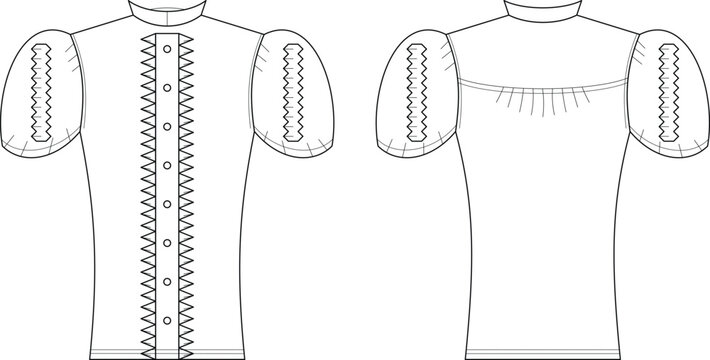  Professional technical fashion illustration of a women's puff sleeve blouse featuring a buttoned placket front and gathered back yoke