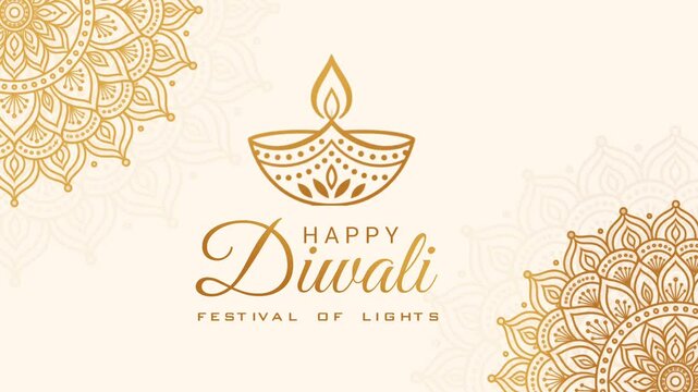 Happy Diwali Festival of Lights Greeting with Golden Diya Lamp and Elegant Mandala Ornaments on White Background