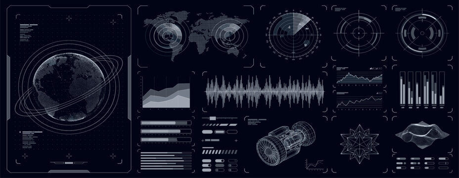 Control system with HUD interface, screen monitor with 3D earth globe, UI frames, charts, diagram, data. Cyberpunk futuristic user interface HUD, UI. Security system interface. Vector FUI graphic set