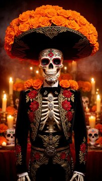 calavera, catr&iacute;n, catr&iacute;n mexicano, esqueleto, D&iacute;a de Muertos, M&eacute;xico, tradici&oacute;n mexicana, cultura mexicana, mariachi, traje de charro, sombrero mexicano, sombrero de charro, cempas&uacute;chil, flores de cem