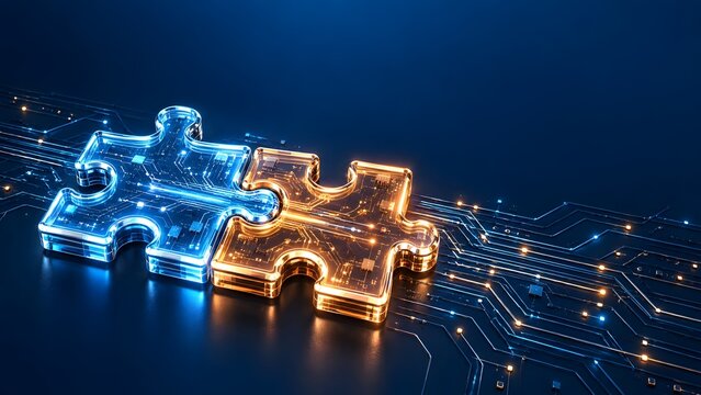 Two Connecting Metallic Puzzle Pieces Integrated with Glowing Microchip Circuitry