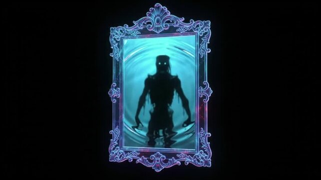 Spooky Halloween magic mirror with a scary zombie silhouette reflection inside an ornate vintage frame over a dark black background