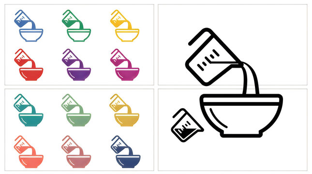Set of colorful measuring cup pouring liquid into a bowl icons and a large black outline icon on white background