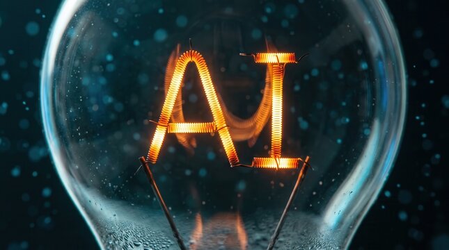 Glowing AI filament inside a glass light bulb representing innovation and smart technology metaphor, featuring digital transformation for future business strategy and tech marketing.