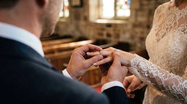Groom placing diamond wedding ring on bride's finger during church ceremony, capturing romantic exchange of vows and eternal commitment for bridal marketing and jewelry advertising.