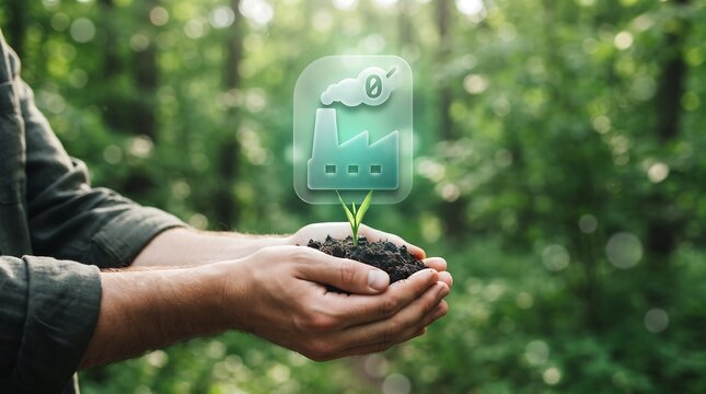 A person holding a small plant with a digital carbon footprint icon in a lush green forest.
