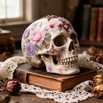 calavera, calavera decorativa, calavera mexicana, D&iacute;a de Muertos, M&eacute;xico, tradici&oacute;n mexicana, cultura mexicana, flores, flores rosas, flores moradas, rosas, hibisco, flores secas, decoraci&oacute;n floral, a
