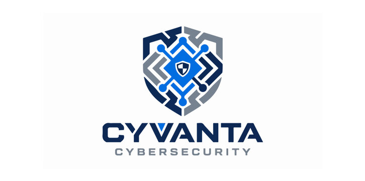 A modern cybersecurity brand logo featuring a protective shield with intricate technology and digital network patterns in blue and grey tones