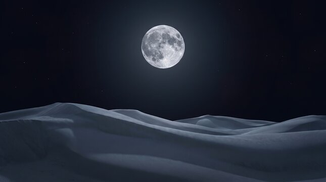 Full moon shining over dark rolling desert sand dunes at night.