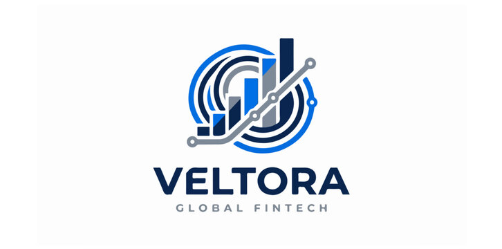 Modern blue and grey business fintech logo design with growth charts and circular digital tech elements