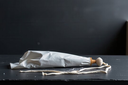 Empty crumpled metal paint tube lying on black surface with string beside it.