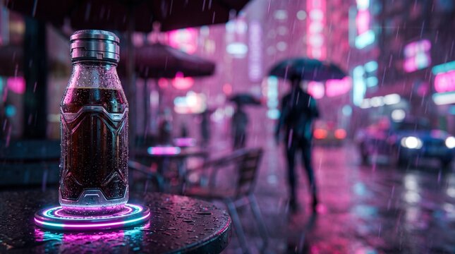 Futuristic cold brew coffee bottle on glowing coaster with blurred cyberpunk city street rain background