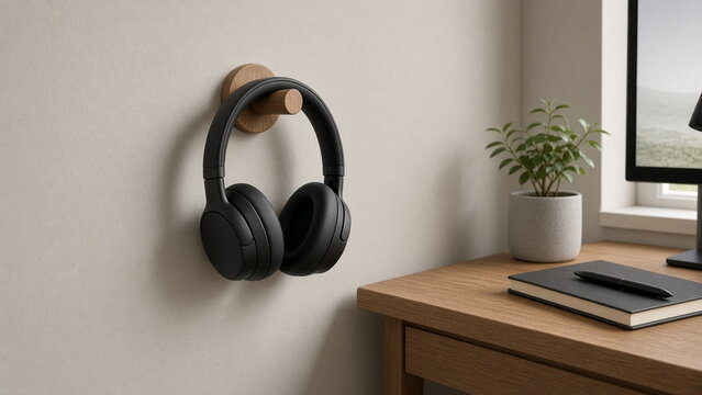 Unbranded headphones hanging on wooden wall hook