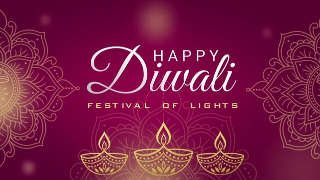 Happy Diwali Festival of Lights Greeting with Golden Diyas and Ornamental Mandala Pattern on Burgundy Background, 4k animated motion video 