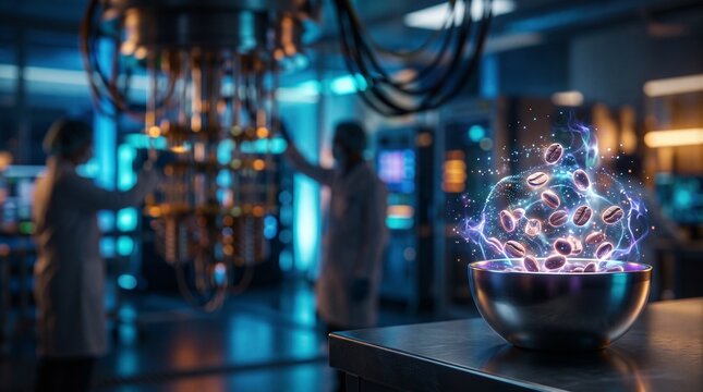 Floating glowing quantum coffee beans in metallic bowl with blurred high-tech computing laboratory background