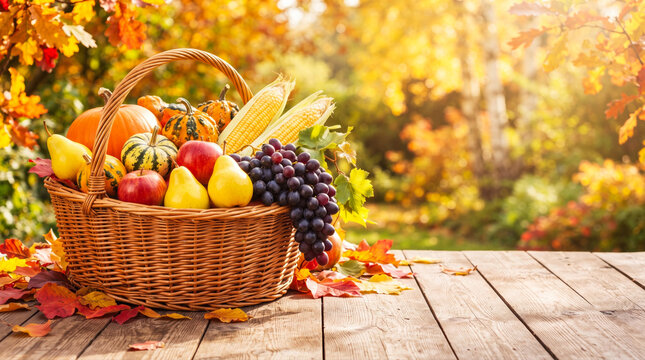 A rustic autumn harvest basket filled with pumpkins, apples, pears, grapes, and corn surrounded by colorful fallen leaves