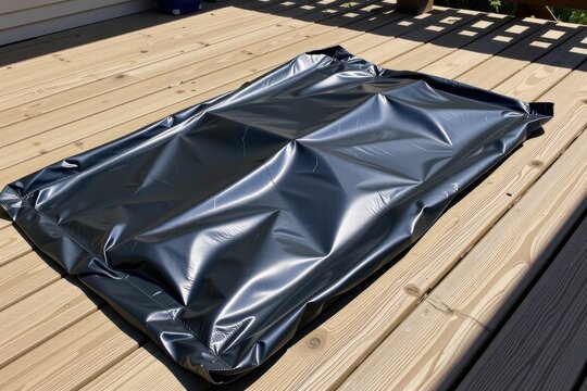 Black plastic tarp covering an object on a wooden deck outdoors.