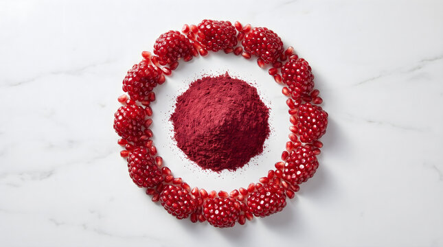 Natural organic pomegranate powder surrounded by fresh red arils and raspberries on a white marble background