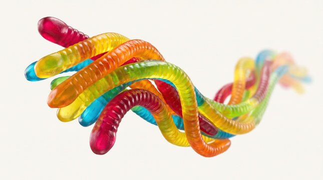 Colorful gummy worms tangled together on a white background.