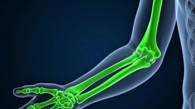 3D medical animation of the human elbow joint showing the humerus, radius, and ulna bones highlighted in green