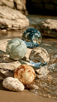 Reflective Glass and Crystal Spheres in Flowing Rocky Stream