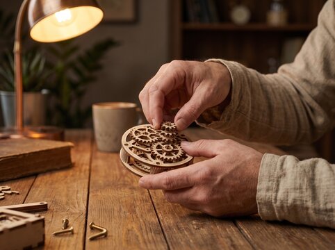 Person assembling a wooden puzzle at a table in a cozy home interior, reflecting Solo Living and Micro Moments. Quiet focus, single lifestyle, mindfulness, and slow evening routine.  