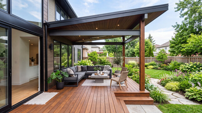 A contemporary outdoor entertaining space featuring a covered timber deck extension,&nbsp;comfortable sofa, and a landscaped backyard garden. Premium alfresco space