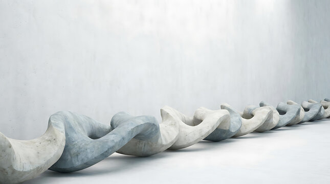 Minimalist concrete sculptural forms receding in perspective creating a modern architectural design layout background with neutral colors