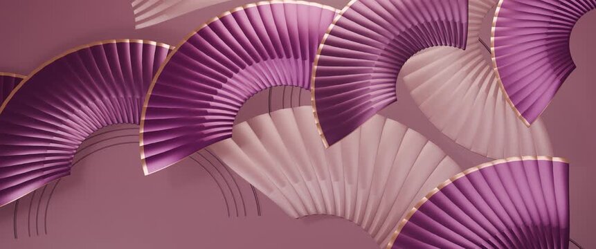 Satin plum metallic crescent fans cascade across a sculptural wall with rose gold edges