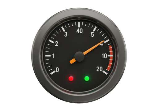 Black car speedometer gauge with orange needle