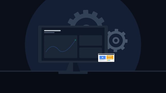 Modern flat 2D EdTech animation showing online learning technology with desktop computer, interactive student tablet, and rotating gears. 