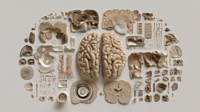 Detailed anatomical dissection of a human brain displayed as a flat lay on a neutral background