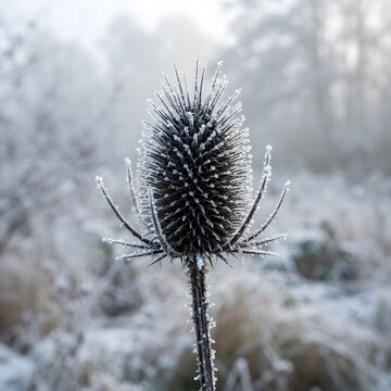 Close up of a dark thistle seed head covered in frost on a winter day
