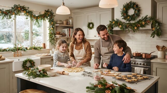 Family preparing a festive meal together in a bright and cozy kitchen during the holidays