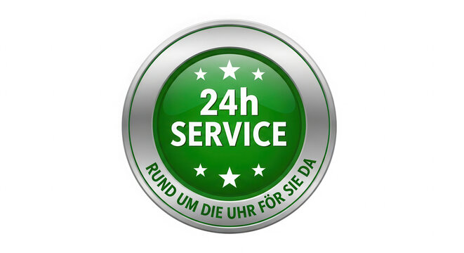 Green circular twenty four hour service badge with silver metallic border isolated on transparent background