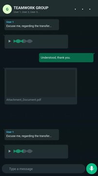 animated mobile messenger group chat interface with voice message and document transfer