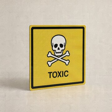 Toxic hazard warning sign with skull and crossbones, yellow caution chemical danger sign, safety alert symbol for industrial hazard concept