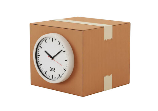 Cardboard delivery box with a clock face on the side