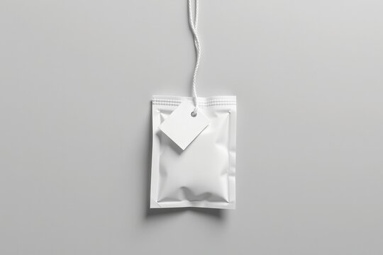 White tea bag with string and blank label on gray background