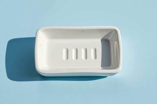 White ceramic soap dish casting a shadow on a light blue surface