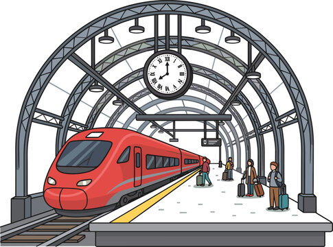 Modern hand-drawn vector illustration of a red high-speed train passengers on platform and large clock in station isolated on white