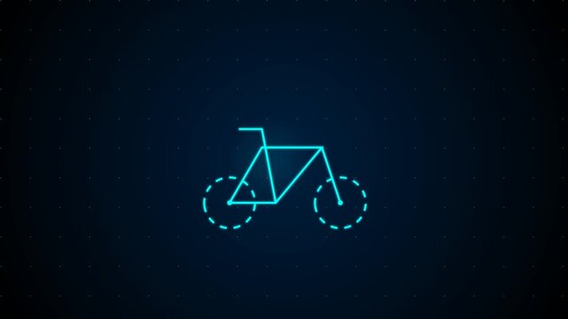 Neon glowing bicycle outline animation on dark technical grid background