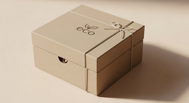 Small beige eco friendly gift box with a simple leaf logo tied with a thin string