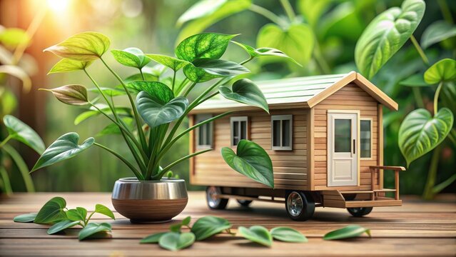 A tiny house on wheels nestles beside a lush verdant money plant its leaves unfurling like emerald prosperity